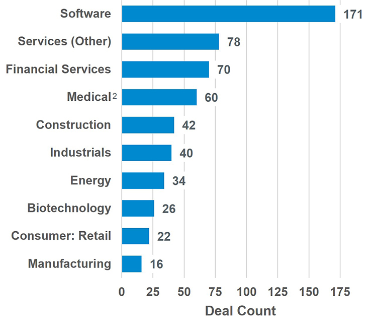 Chart showing software, services (other) and financial services as the top three leading industries by deal count.