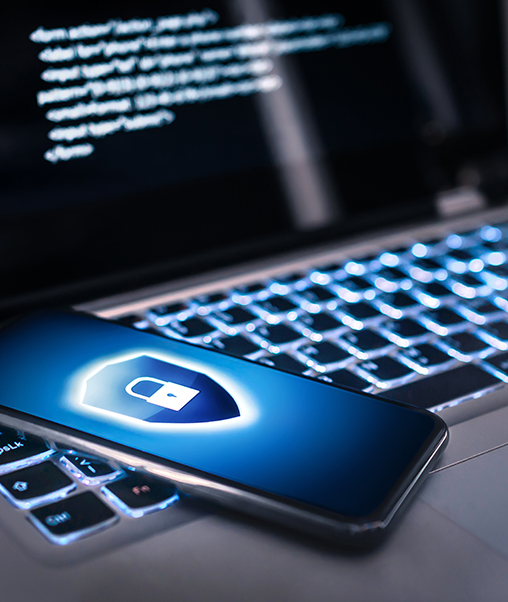 photo of mobile phone showing a graphic with shield and lock icon